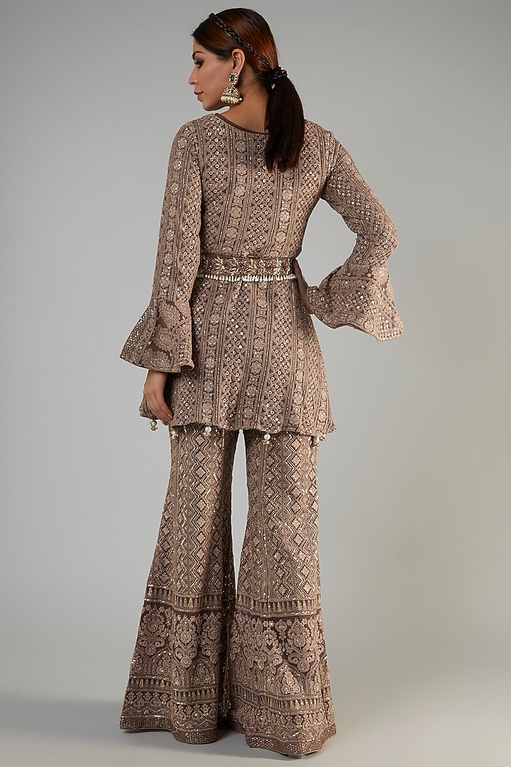 Brown Pure Georgette Lucknowi Wedding Sharara Set by Sole Affair at Pernia's Pop Up Shop