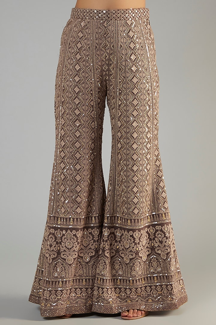 Brown Pure Georgette Lucknowi Wedding Sharara Set by Sole Affair at Pernia's Pop Up Shop