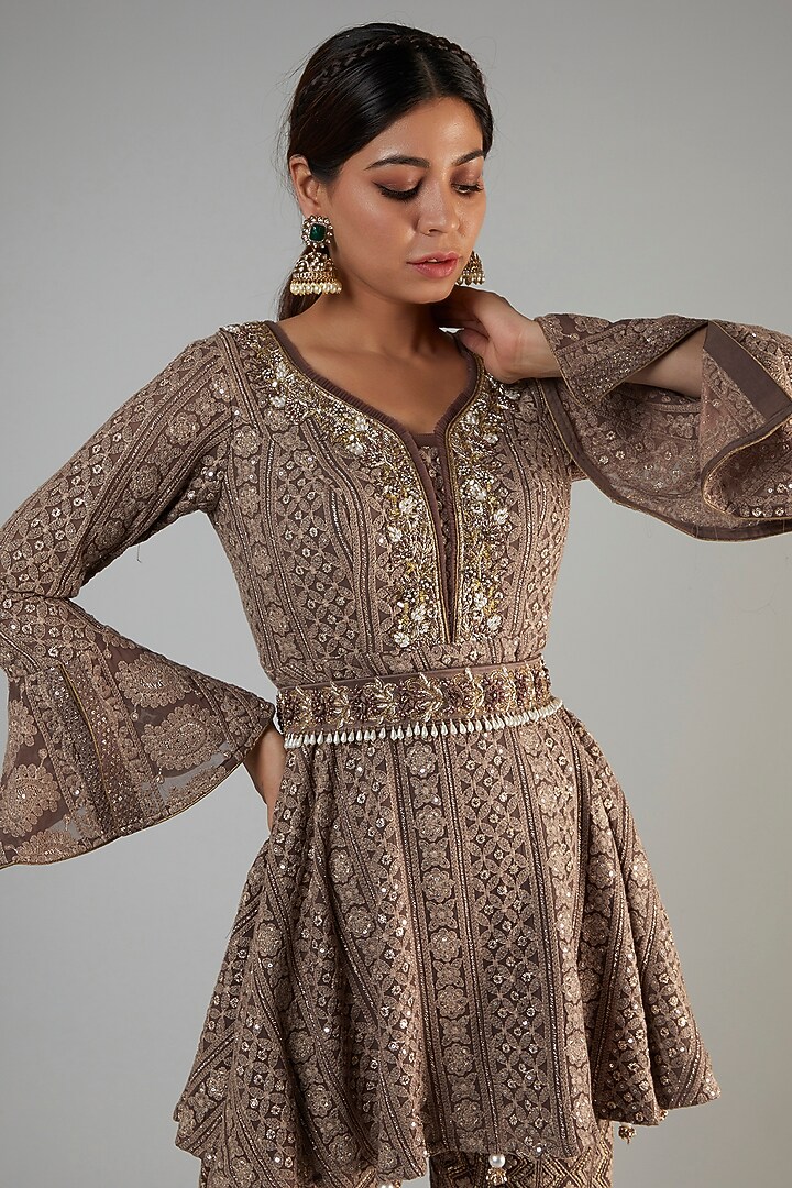 Brown Pure Georgette Lucknowi Wedding Sharara Set by Sole Affair at Pernia's Pop Up Shop