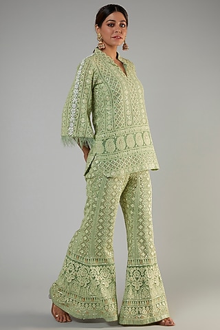 Jade Green Pure Georgette Lucknowi Sharara Set by Sole Affair