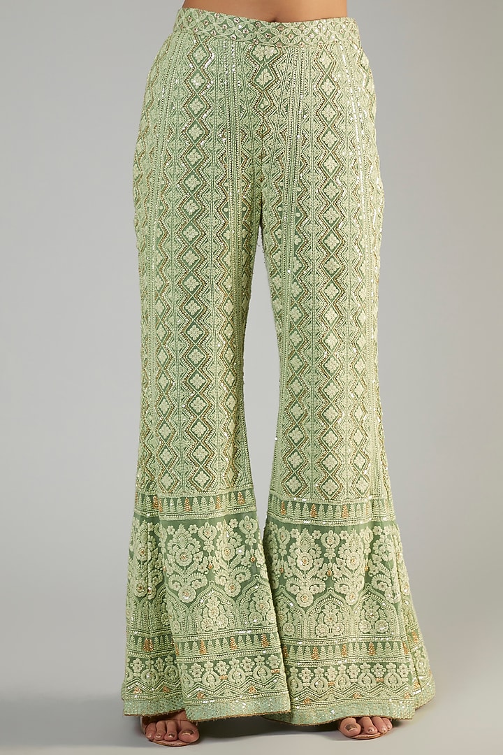 Jade Green Pure Georgette Lucknowi Wedding Sharara Set by Sole Affair at Pernia's Pop Up Shop