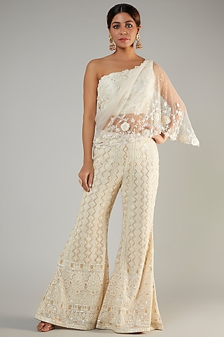 Ivory Pure Georgette Lucknowi Sharara Set by Sole Affair