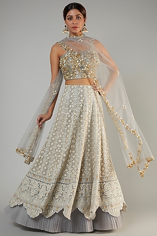 Silver Pure Georgette Hand & Machine Embroidered Lucknowi Lehenga Set by Sole Affair