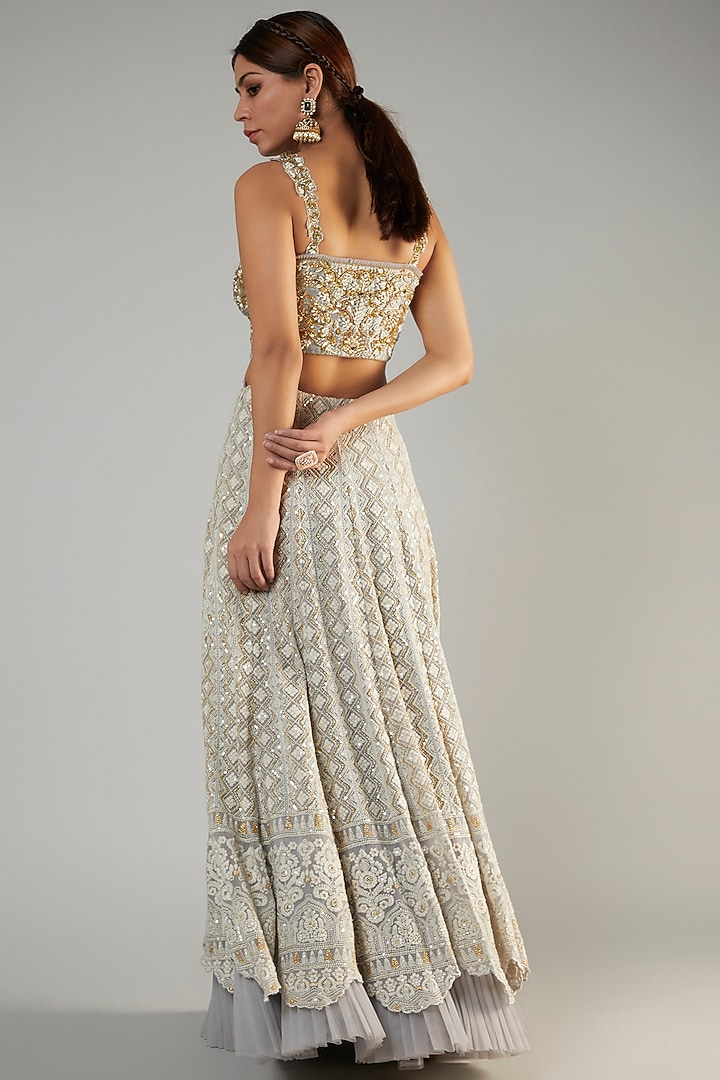 Silver Pure Georgette Hand & Machine Embroidered Lucknowi Wedding Lehenga Set by Sole Affair at Pernia's Pop Up Shop