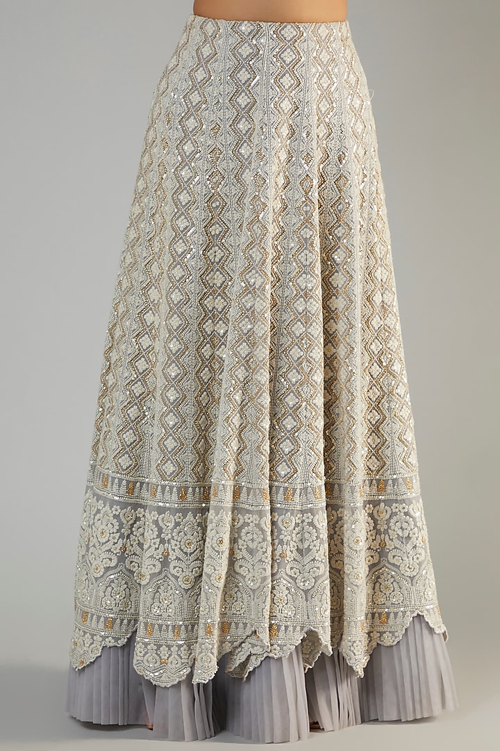 Silver Pure Georgette Hand & Machine Embroidered Lucknowi Wedding Lehenga Set by Sole Affair at Pernia's Pop Up Shop