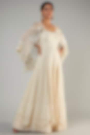 Ivory Pure Georgette Lucknowi Gown With Cape by Sole Affair