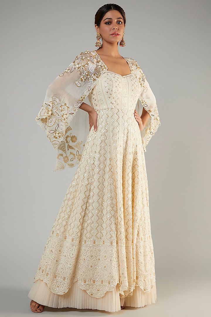 Ivory Pure Georgette Lucknowi Gown With Cape by Sole Affair