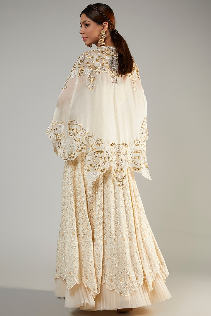 Ivory Pure Georgette Lucknowi Engagement Gown With Cape by Sole Affair at Pernia's Pop Up Shop