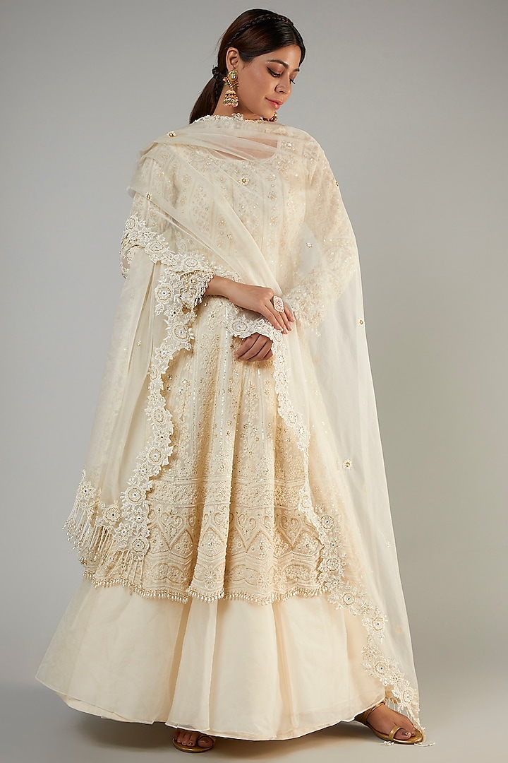 Ivory Pure Georgette Lucknowi Gown With Dupatta by Sole Affair