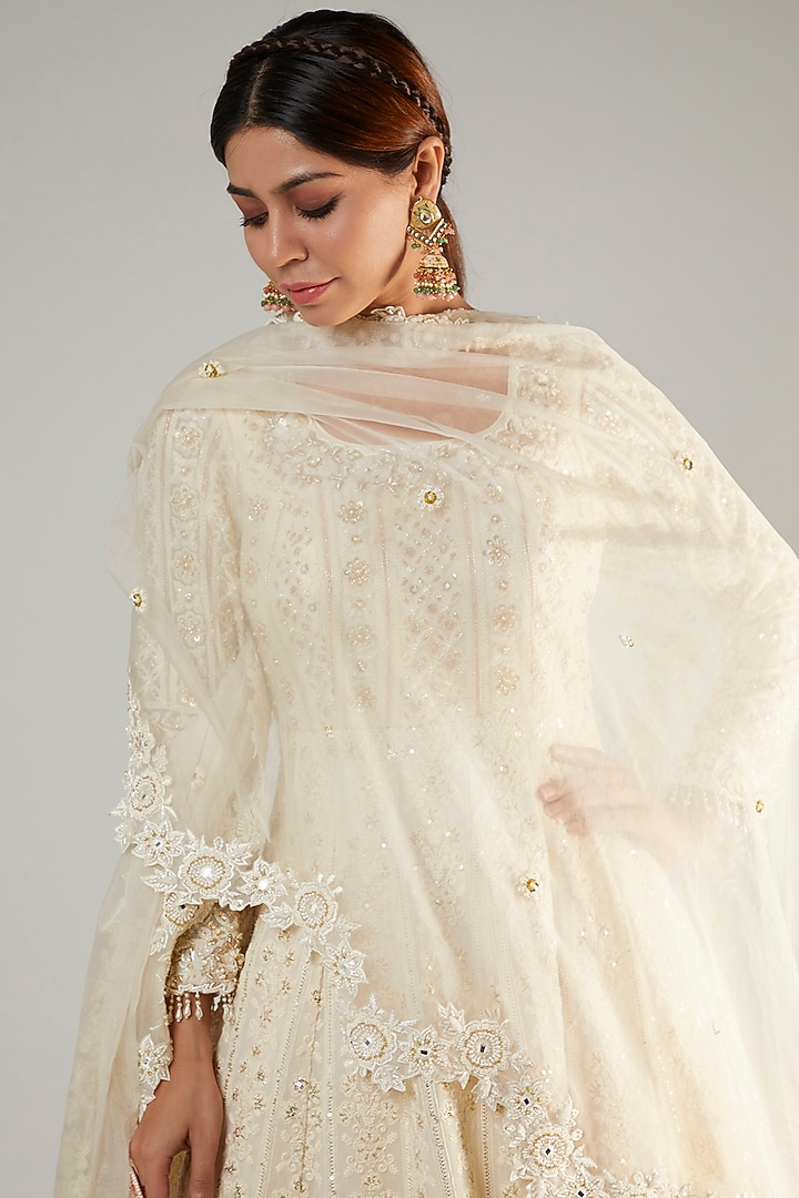 Ivory Pure Georgette Lucknowi Wedding Gown With Dupatta by Sole Affair at Pernia's Pop Up Shop