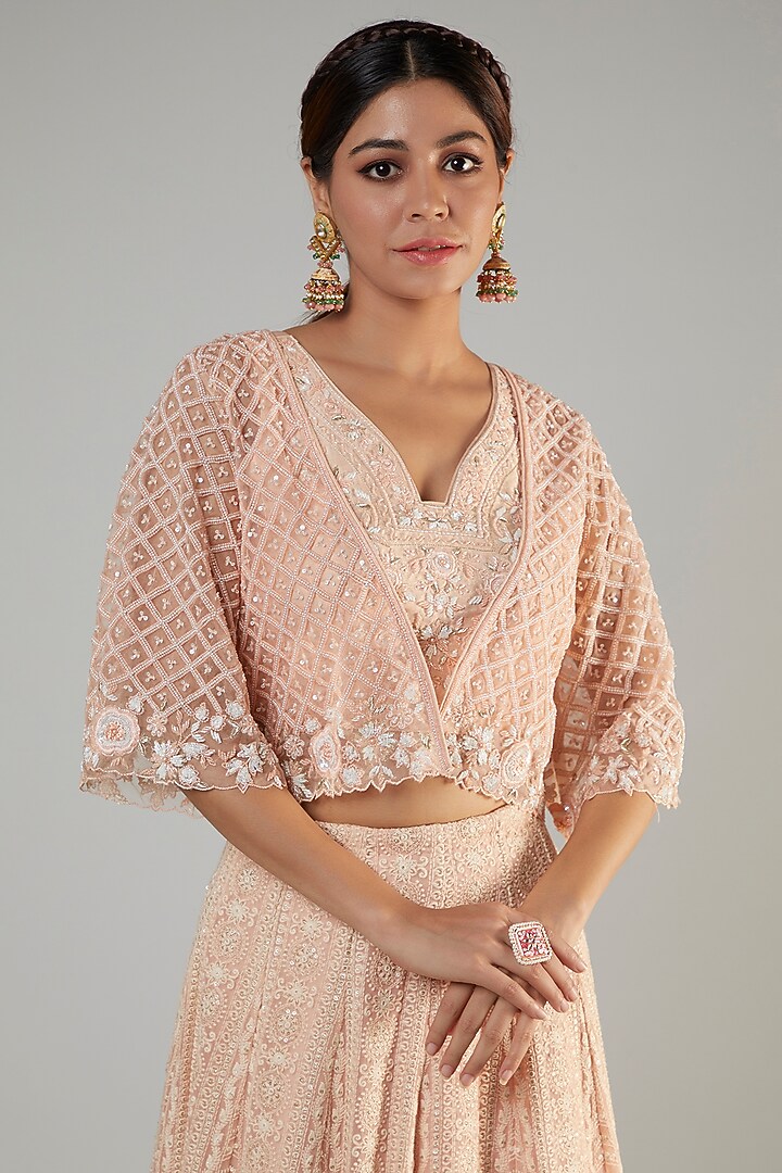 Rose Pink Georgette Embroidered Jacket Wedding Lehenga Set by Sole Affair at Pernia's Pop Up Shop