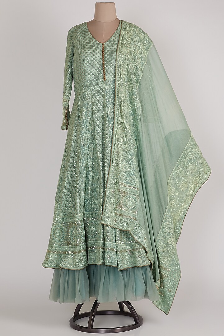 Mint Blue Lucknowi Anarkali With Dupatta by Sole Affair