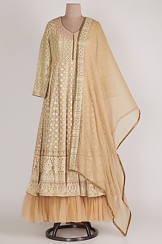 Peach Lucknowi Anarkali With Dupatta by Sole Affair