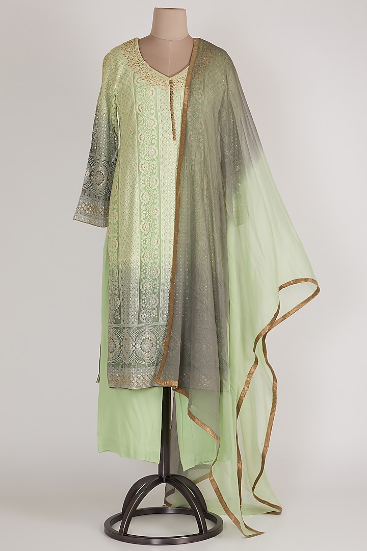 Lime Green Shaded Lucknowi Kurta Set by Sole Affair