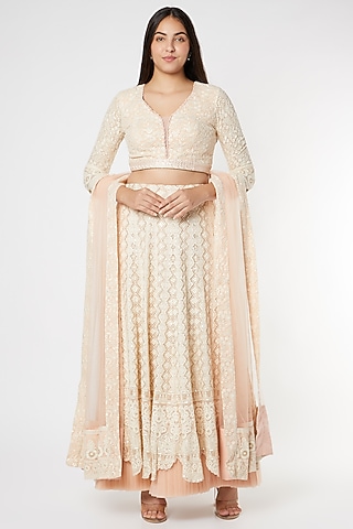 Rose Pink Lucknowi Scalloped Lehenga Set by Sole Affair