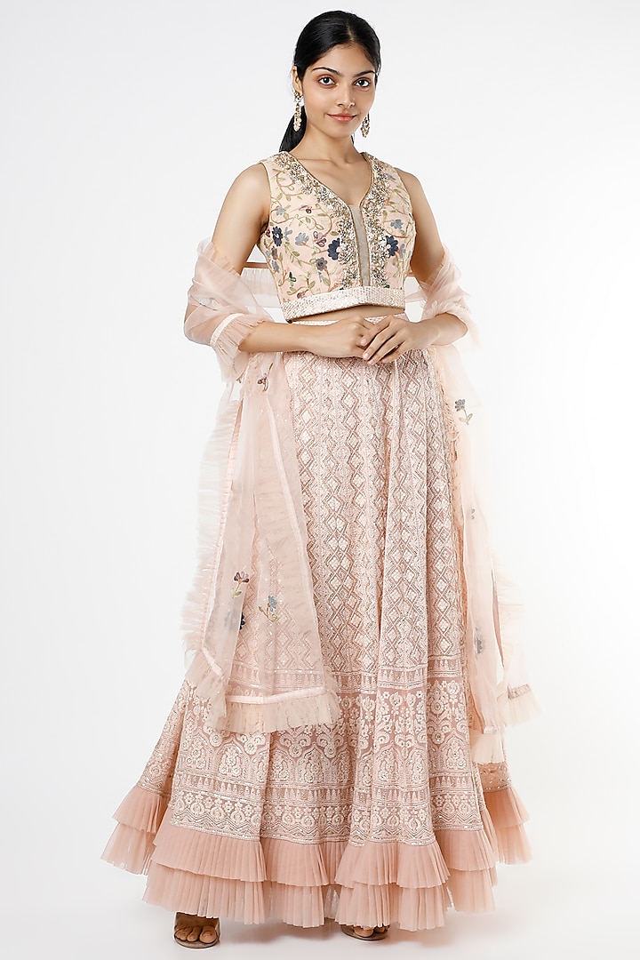 Rose Pink Frill Lucknowi Lehenga Set by Sole Affair