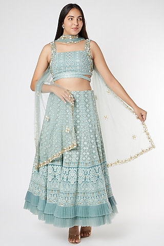 Petrol Blue Chikankari Lehenga Set by Sole Affair