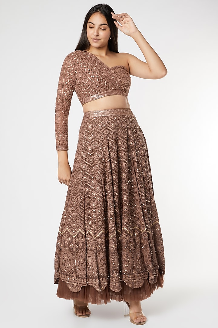 Brown Lucknowi Scalloped Lehenga Set by Sole Affair