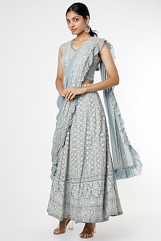Silver Grey Pure Georgette Lucknowi Lehenga Set by Sole Affair
