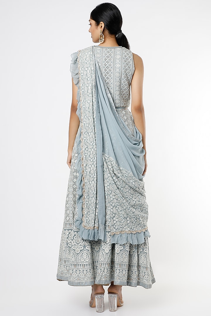 Silver Grey Pure Georgette Lucknowi Wedding Lehenga Set by Sole Affair at Pernia's Pop Up Shop