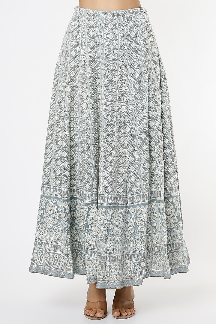 Silver Grey Pure Georgette Lucknowi Wedding Lehenga Set by Sole Affair at Pernia's Pop Up Shop