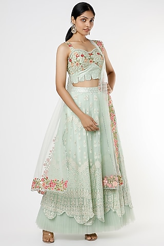 Powder Blue Pure Georgette Scalloped Lehenga Set by Sole Affair
