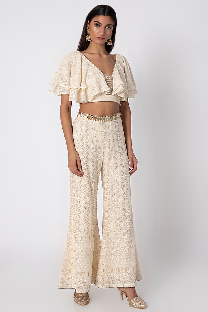 Ivory Lucknowi Sharara Pants With Top by Sole Affair