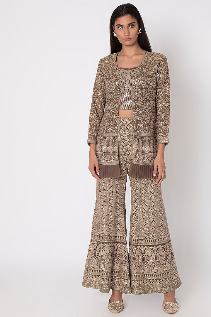 Brown Embroidered Bustier & Sharara Pants With Jacket by Sole Affair