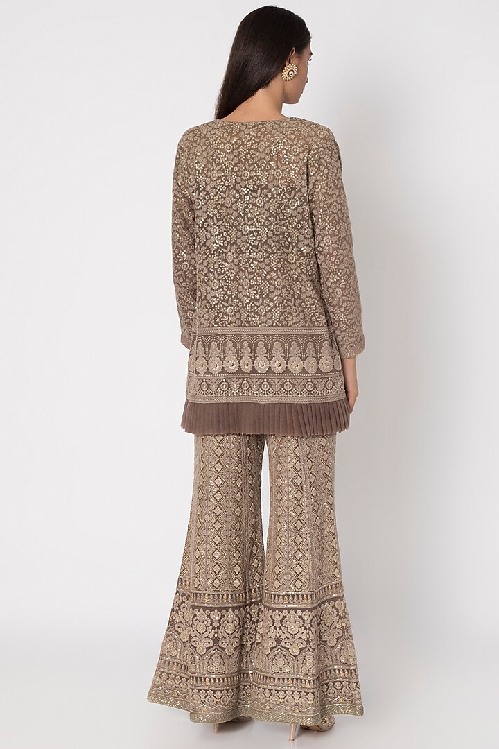 Brown Embroidered Bustier & Wedding Sharara Pants With Jacket by Sole Affair at Pernia's Pop Up Shop