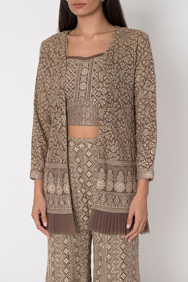 Brown Embroidered Bustier & Wedding Sharara Pants With Jacket by Sole Affair at Pernia's Pop Up Shop