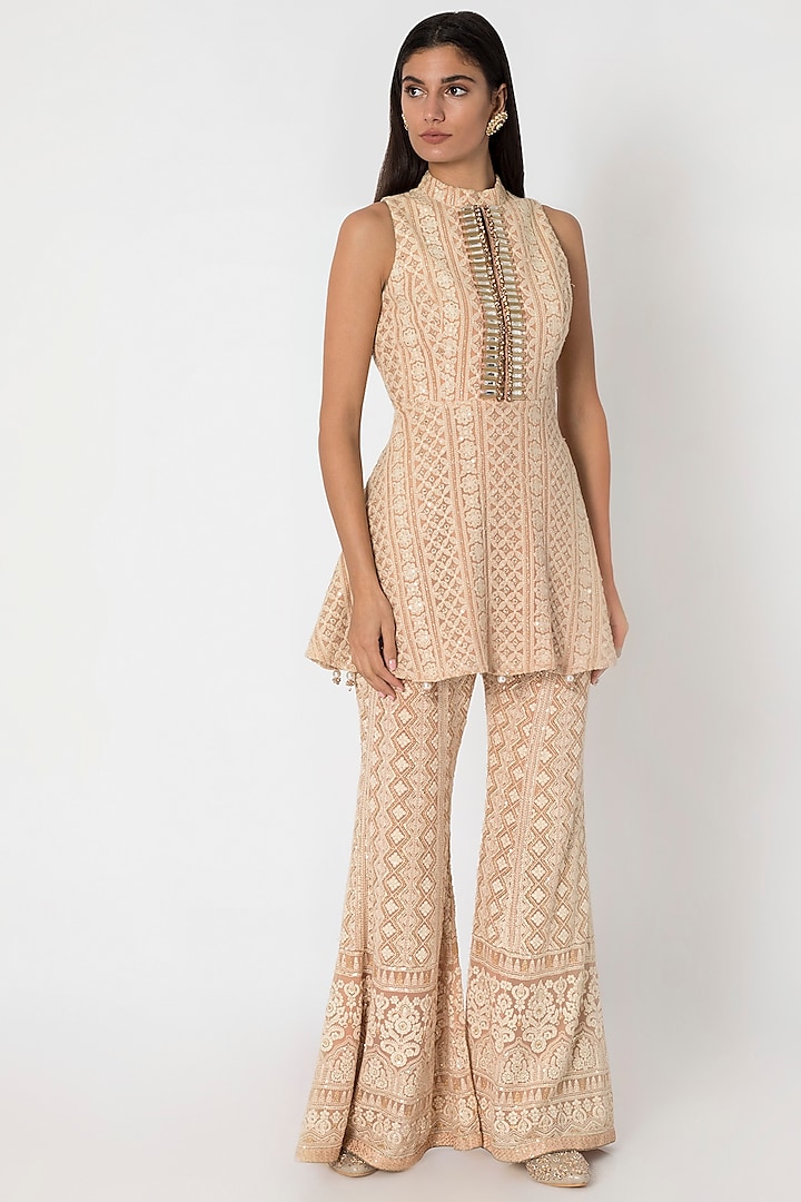 Nude Embroidered Lucknowi Peplum Top With Sharara Pants by Sole Affair
