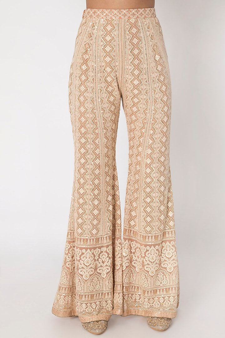 Nude Embroidered Lucknowi Peplum Top With Wedding Sharara Pants by Sole Affair at Pernia's Pop Up Shop