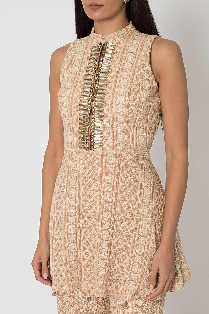 Nude Embroidered Lucknowi Peplum Top With Wedding Sharara Pants by Sole Affair at Pernia's Pop Up Shop