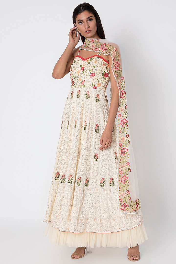 Ivory Lucknowi Anarkali Gown With Dupatta by Sole Affair