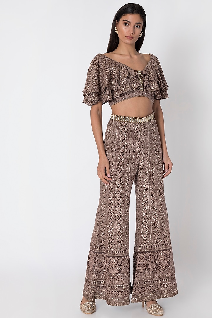Brown Lucknowi Sharara Pants With Top by Sole Affair