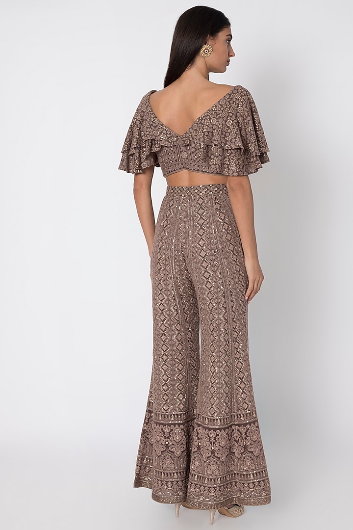 Brown Lucknowi Wedding Sharara Pants With Top by Sole Affair at Pernia's Pop Up Shop