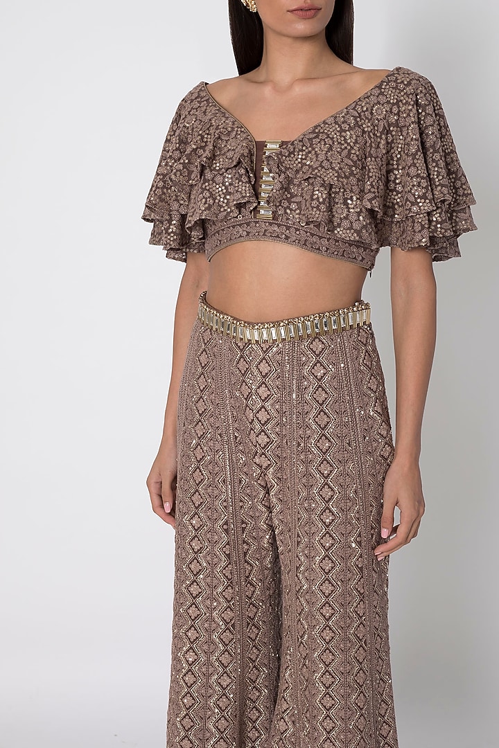 Brown Lucknowi Wedding Sharara Pants With Top by Sole Affair at Pernia's Pop Up Shop