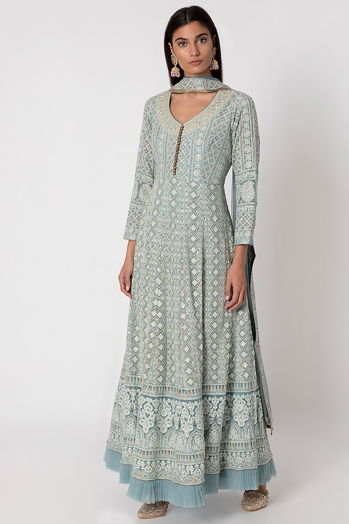 Ice Blue Embroidered Anarkali Gown With Dupatta by Sole Affair