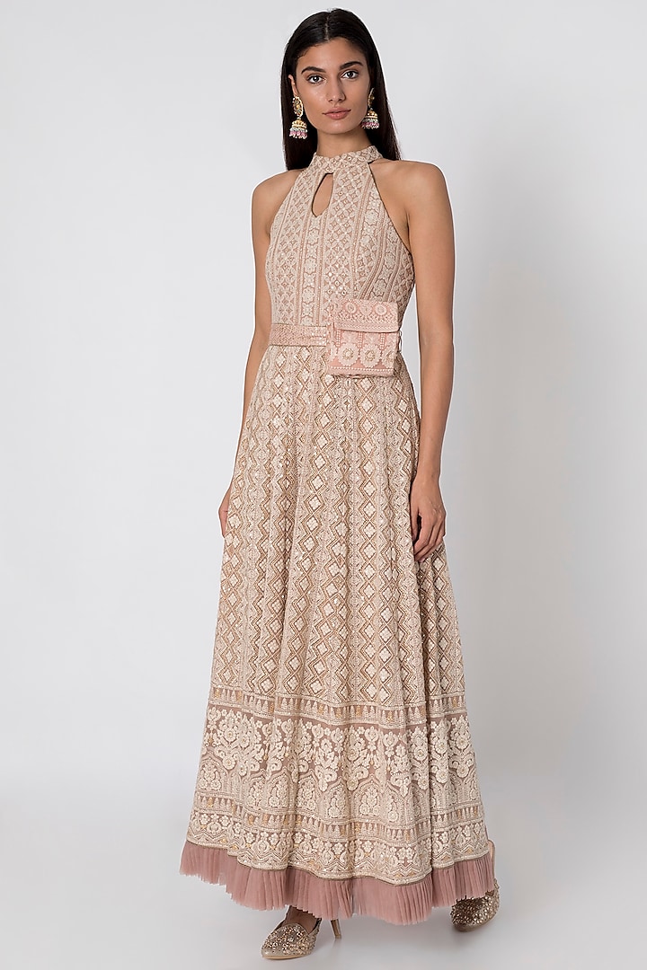 Nude Embroidered Anarkali Gown With Belt Bag by Sole Affair