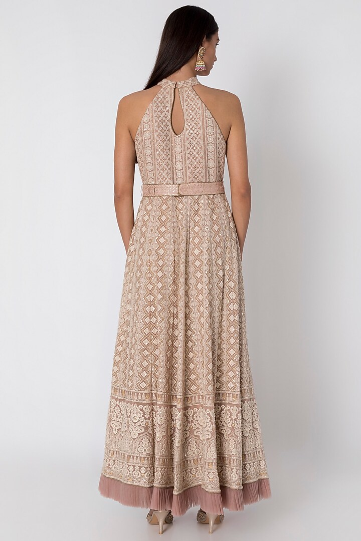 Nude Embroidered Wedding Anarkali Gown With Belt Bag by Sole Affair at Pernia's Pop Up Shop