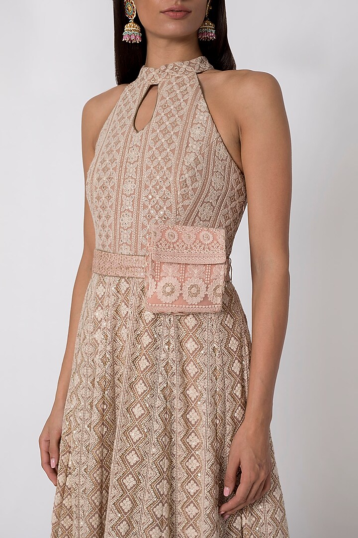 Nude Embroidered Wedding Anarkali Gown With Belt Bag by Sole Affair at Pernia's Pop Up Shop