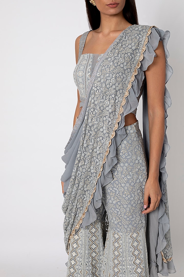 Silver Grey Embroidered Wedding Sharara Set by Sole Affair at Pernia's Pop Up Shop
