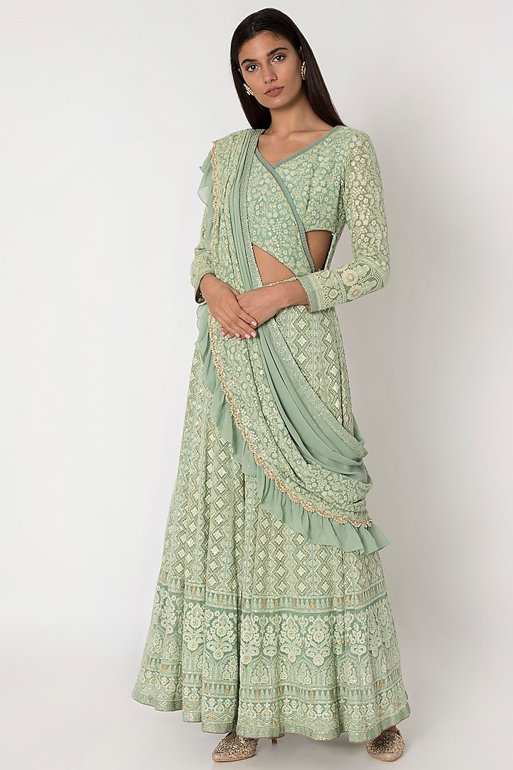 Jade Green Embroidered Anarkali Gown With Dupatta by Sole Affair