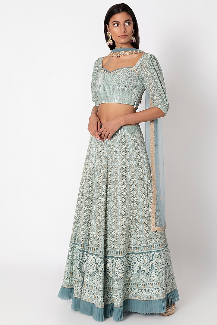 Ice Blue Embroidered Lucknowi Lehenga Set by Sole Affair