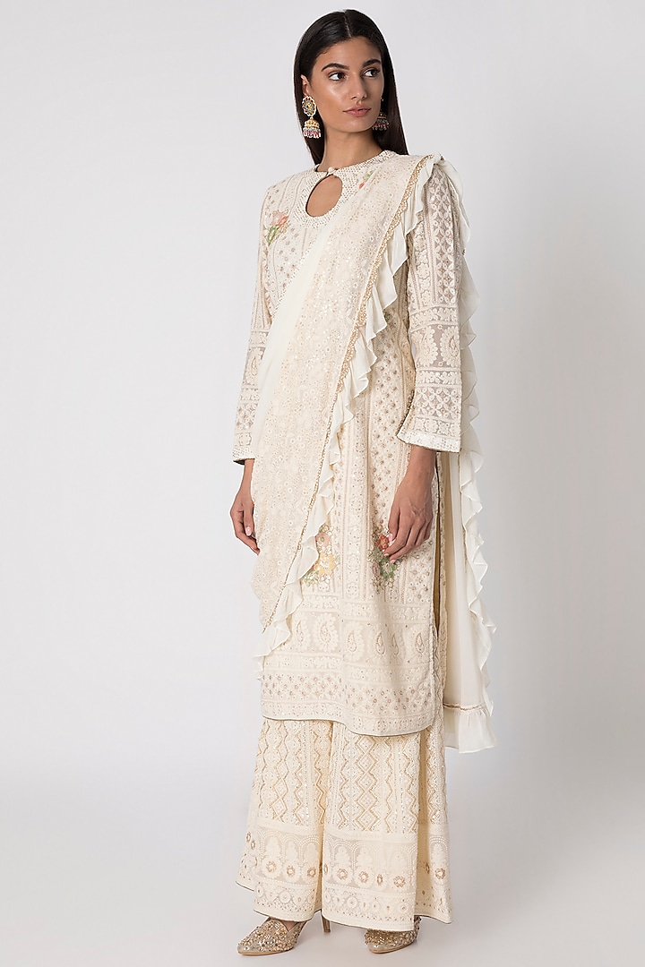 Ivory Embroidered Lucknowi Kurta Set by Sole Affair