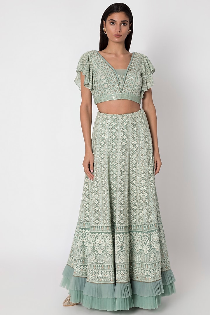 Jade Green Embroidered Lucknowi Lehenga Skirt With Top by Sole Affair