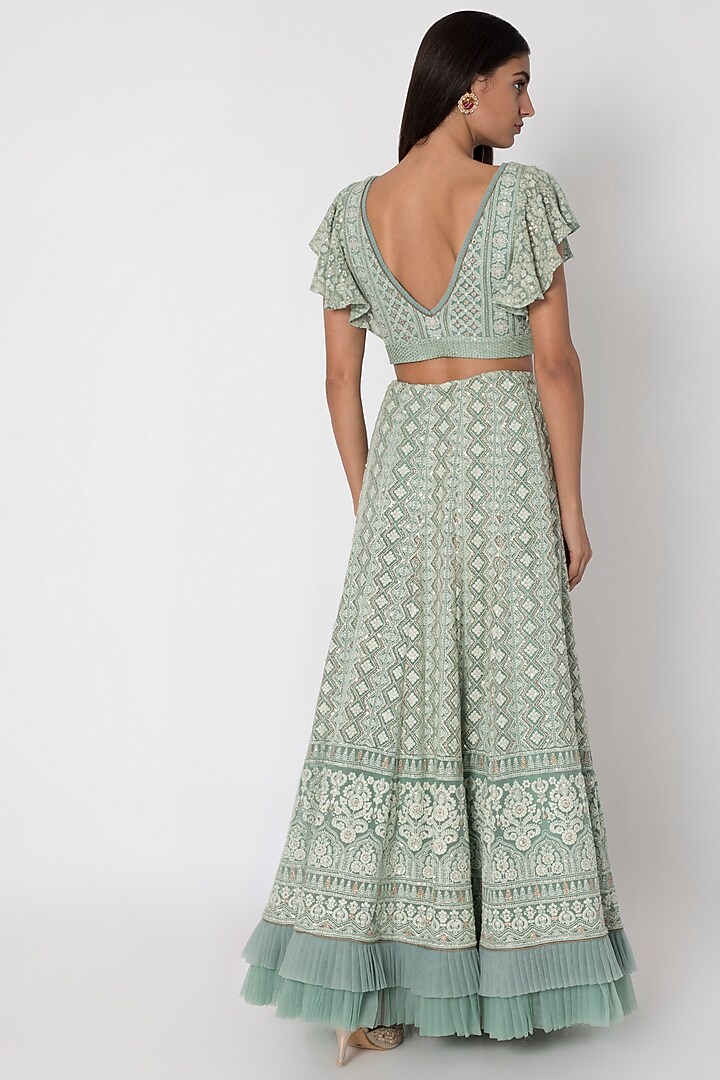 Jade Green Embroidered Lucknowi Wedding Lehenga Skirt With Top by Sole Affair at Pernia's Pop Up Shop