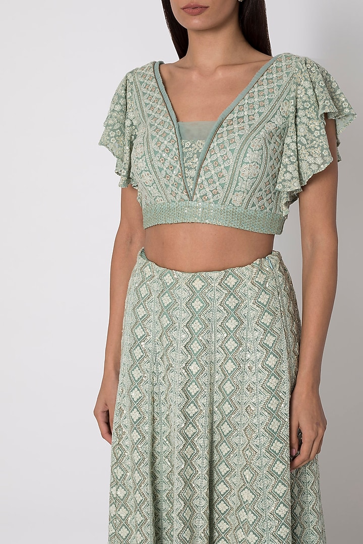 Jade Green Embroidered Lucknowi Wedding Lehenga Skirt With Top by Sole Affair at Pernia's Pop Up Shop