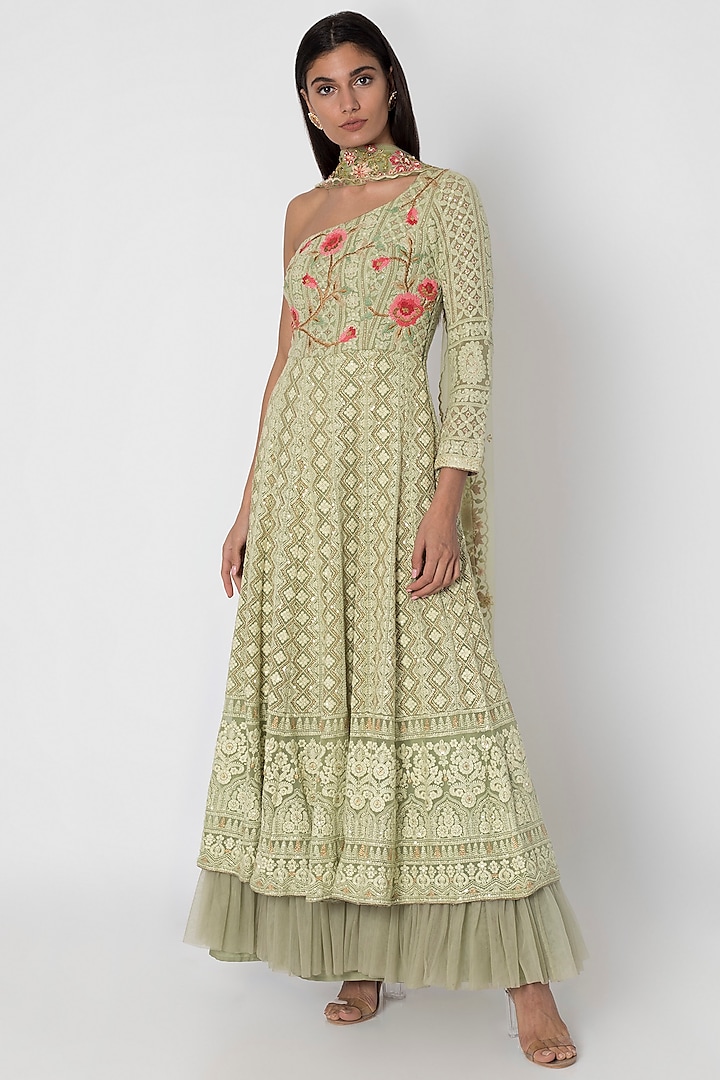 Olive Green Embroidered Lucknowi Anarkali Gown With Dupatta by Sole Affair