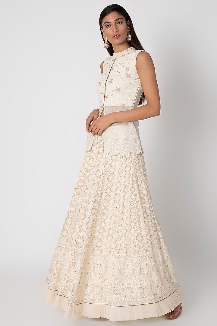 Ivory Embroidered Peplum Top With Skirt by Sole Affair